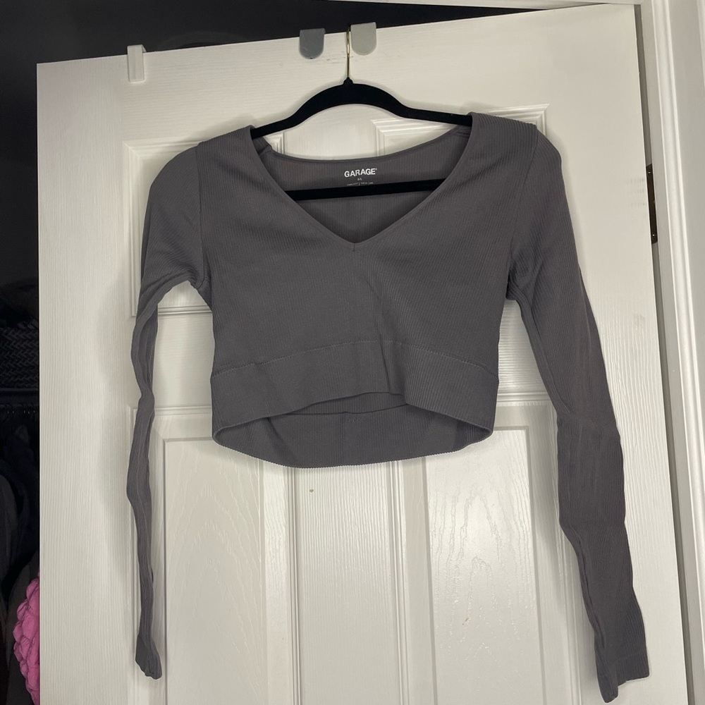 Garage Gray Fitted Long Sleeve Crop Top
